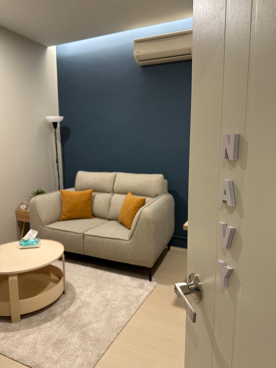 The Navy Room door standing open, NAVY lettered down the door, the sofa and navy wall beyond
